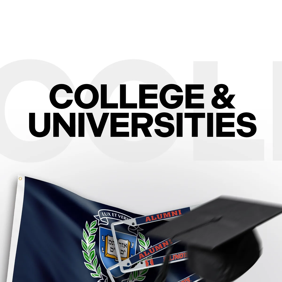 A navy university flag and a graduation cap under the words College and Universities