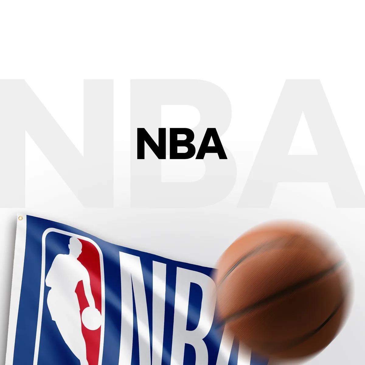 An NBA team flag and a basketball under the word NBA