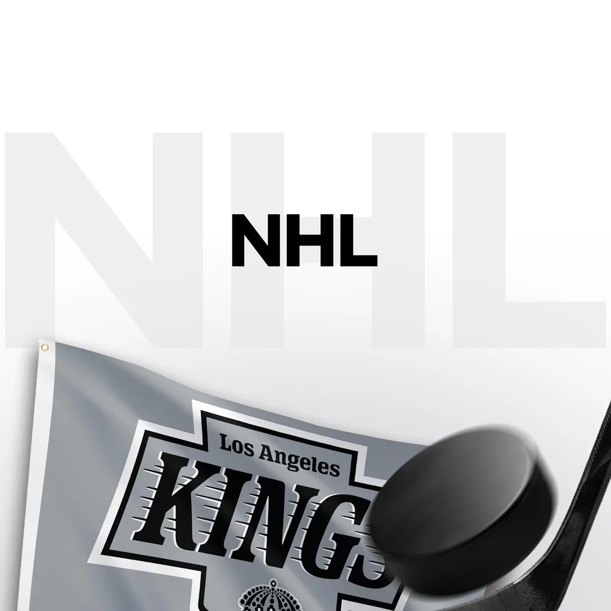 A Los Angeles Kings flag and a hockey puck under the word NHL