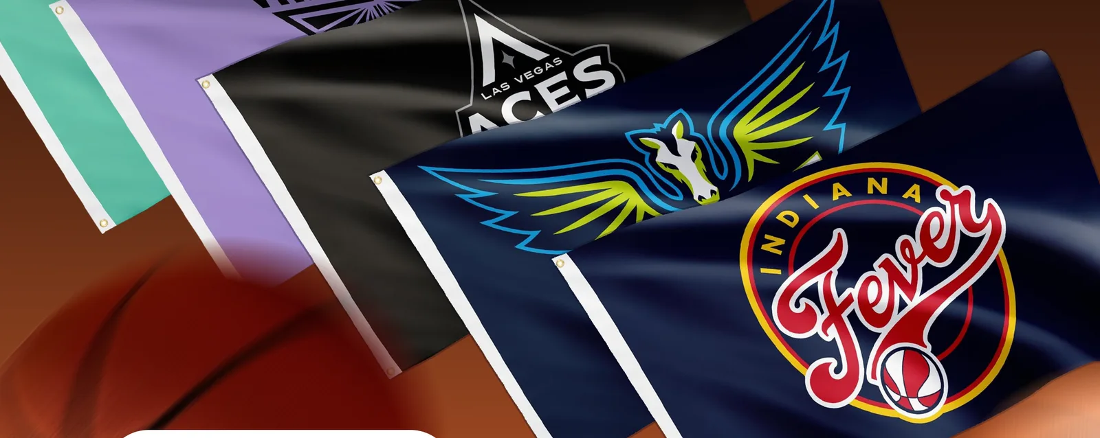 Four basketball team flags stacked front to back, each in its own colours